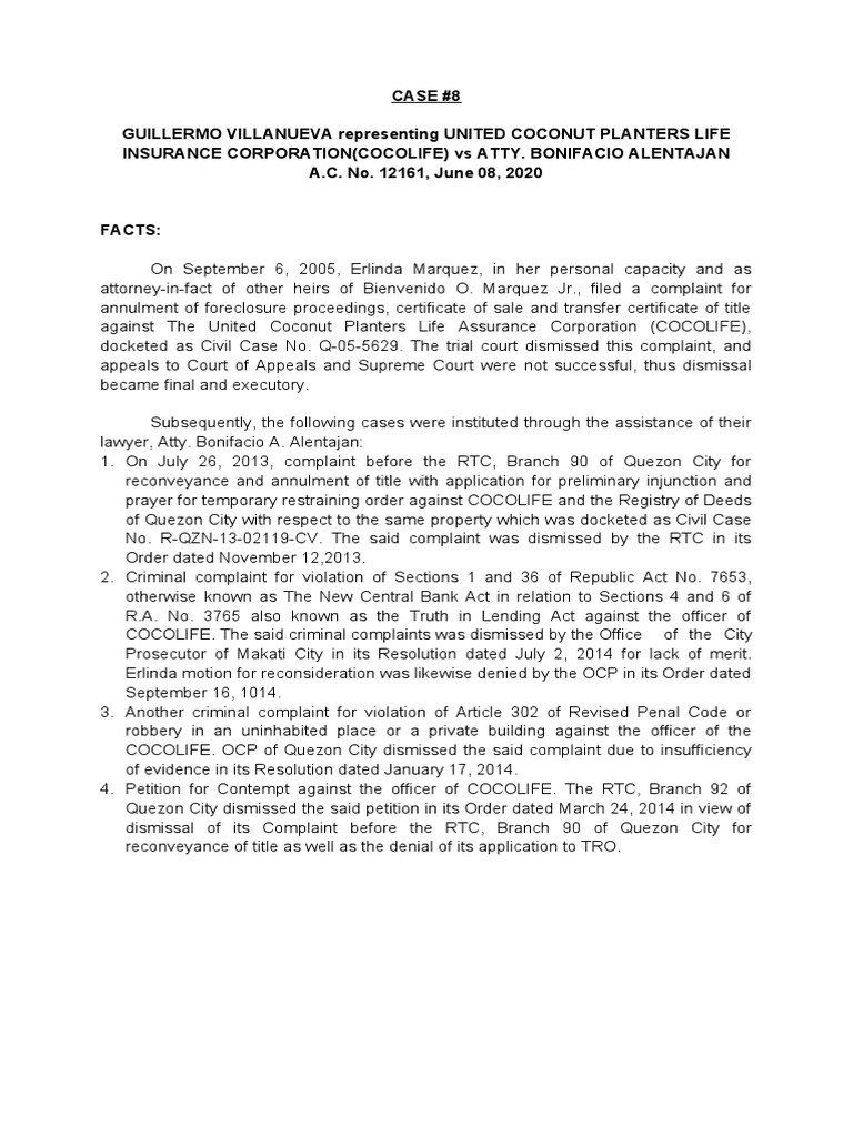 Case 8 Guillermo Villanueva Representing United Coconut Planters Life