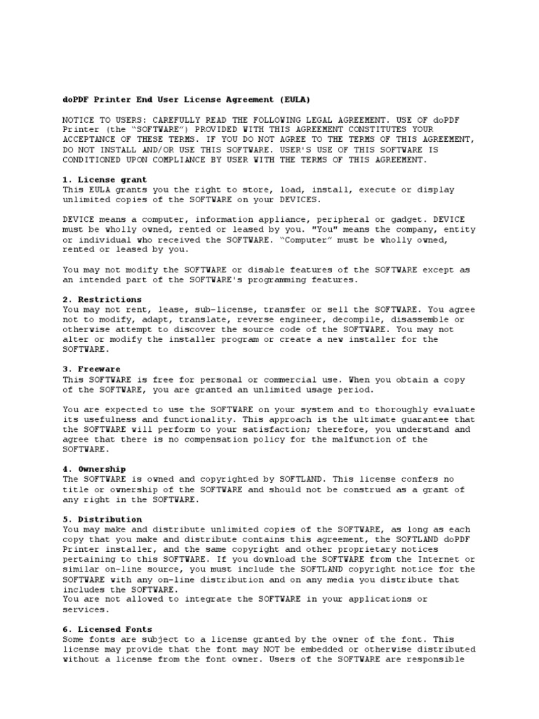 License Agreement DoPDF Printer End User License Agreement | PDF ...
