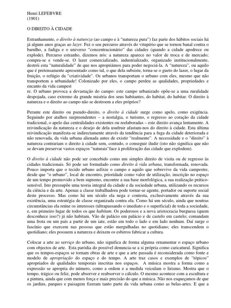O Direito A Cidade Henri Lefebvre PDF Cidade Castelo