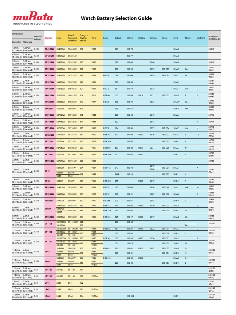 Watch Battery Selection Guide SR416SW PDF Electricity Energy Storage