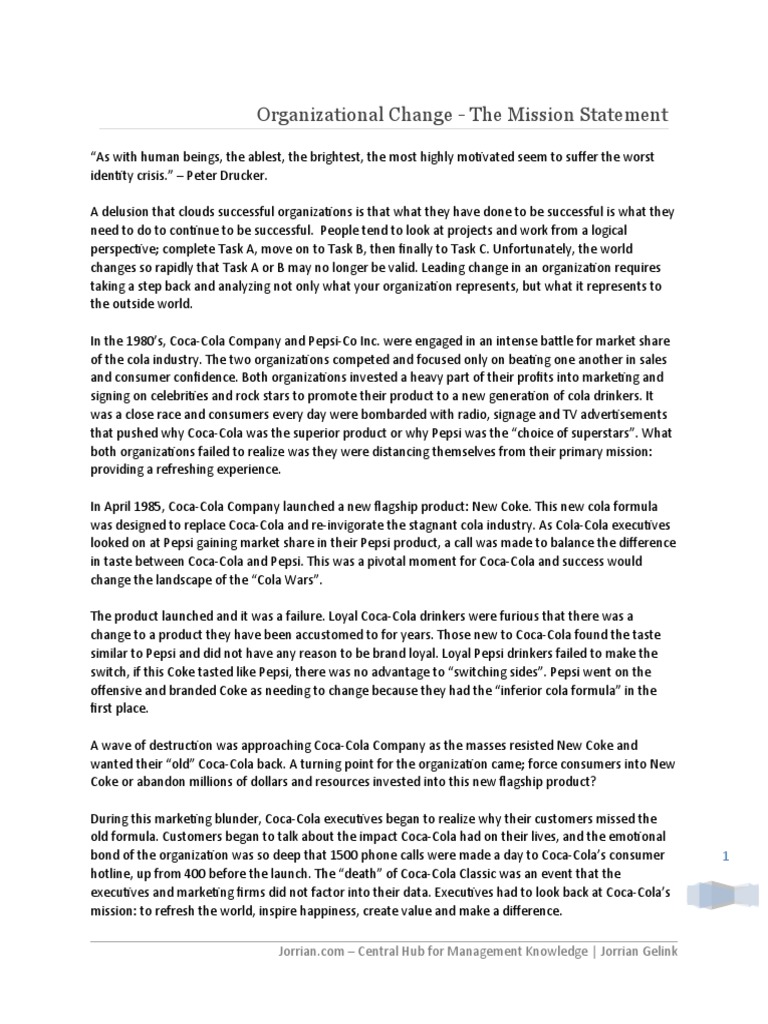 Organizational Change Start With The Mission Statement Pdf Coca