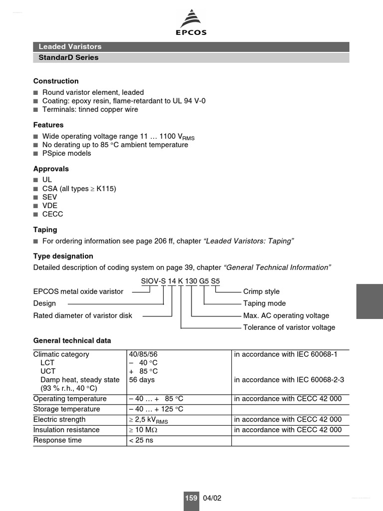 Standard Series Leaded Varistors PDF Electrical Engineering