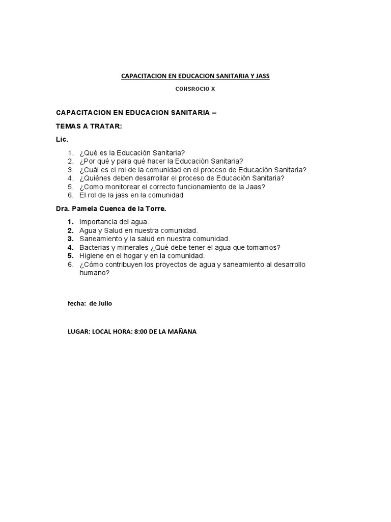 Capacitacion en Educacion Sanitaria y Jass | PDF