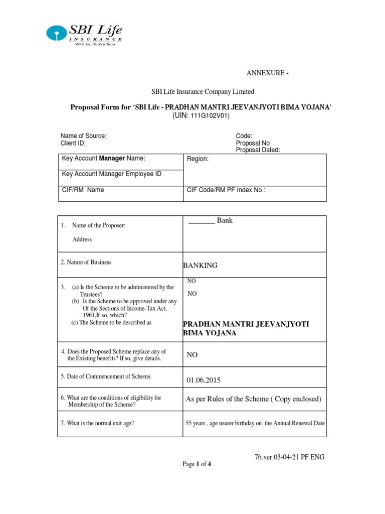SBI Life PMJJBY Proposal Form | PDF | Insurance | Life Insurance