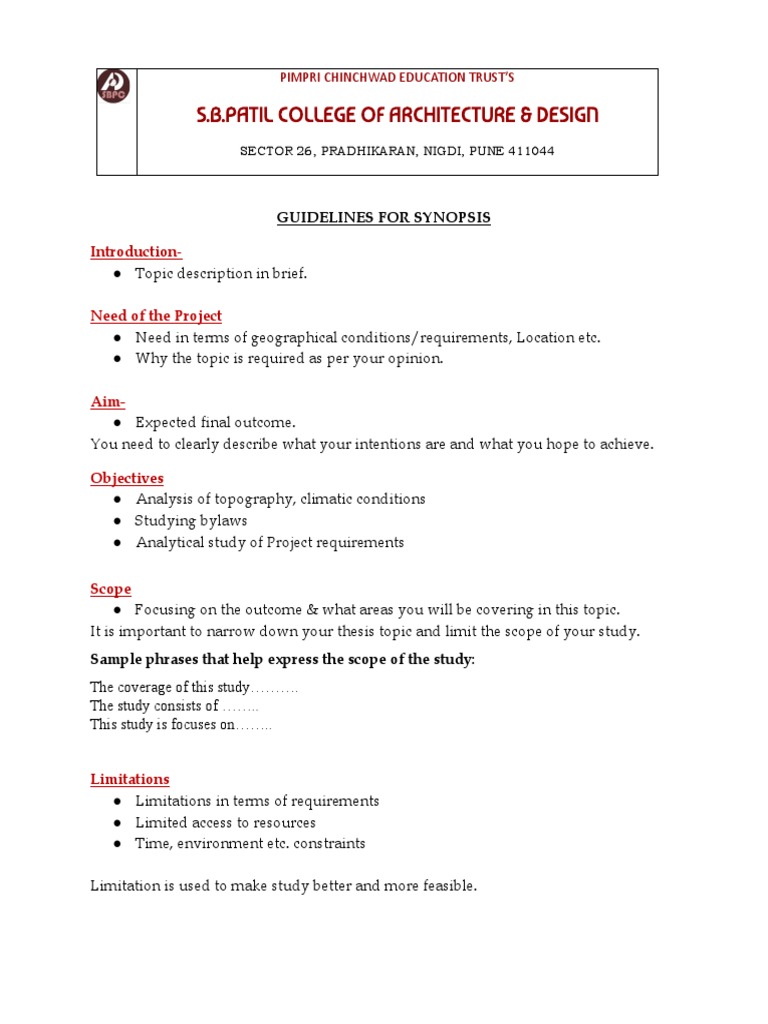 Synopsis Guidelines for Architecture Projects | PDF
