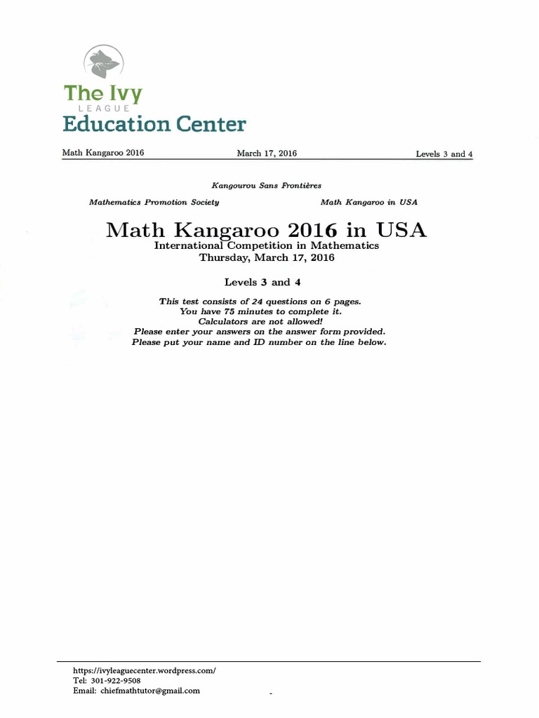 2016 Math Kangaroo Level 3 and 4 Questions PDF Triangle Mathematics