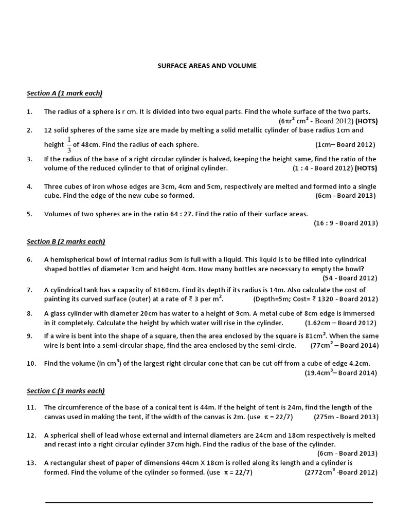 Class 10 Surface Area & Volume Exercises | PDF | Volume | Sphere