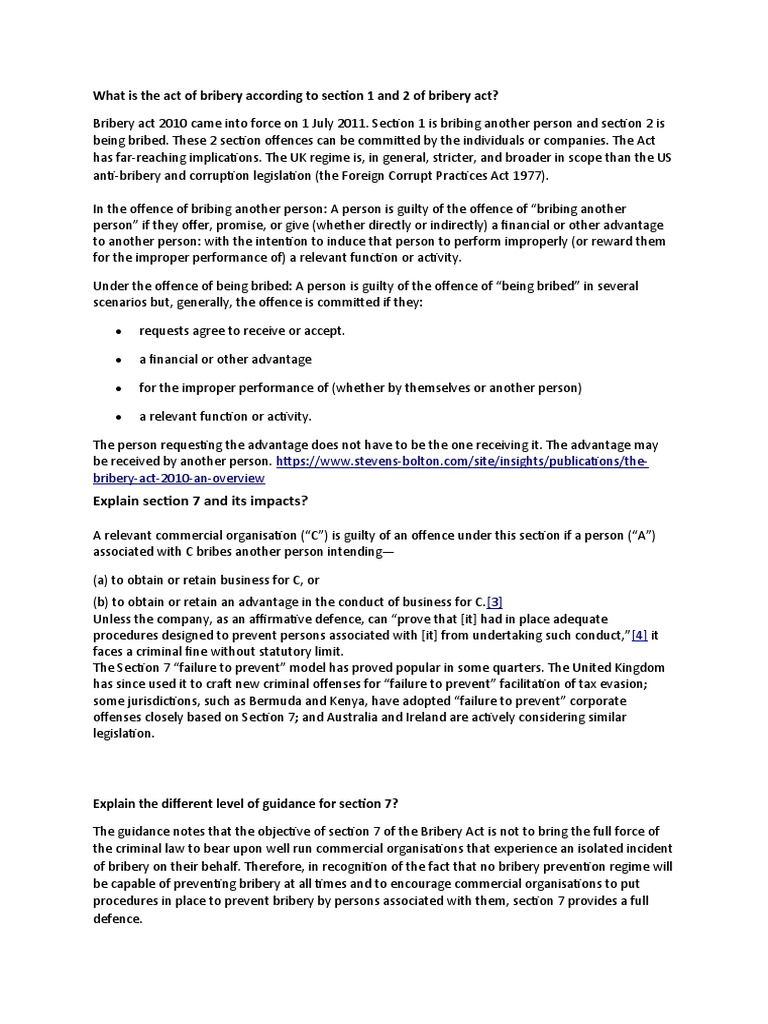 What Is The Act Of Bribery According To Section 1 And 2 Of Bribery Act