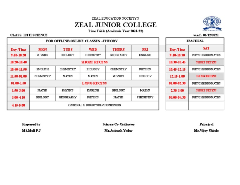 12th Science Class Timetable 2021-22 | PDF | Science & Mathematics