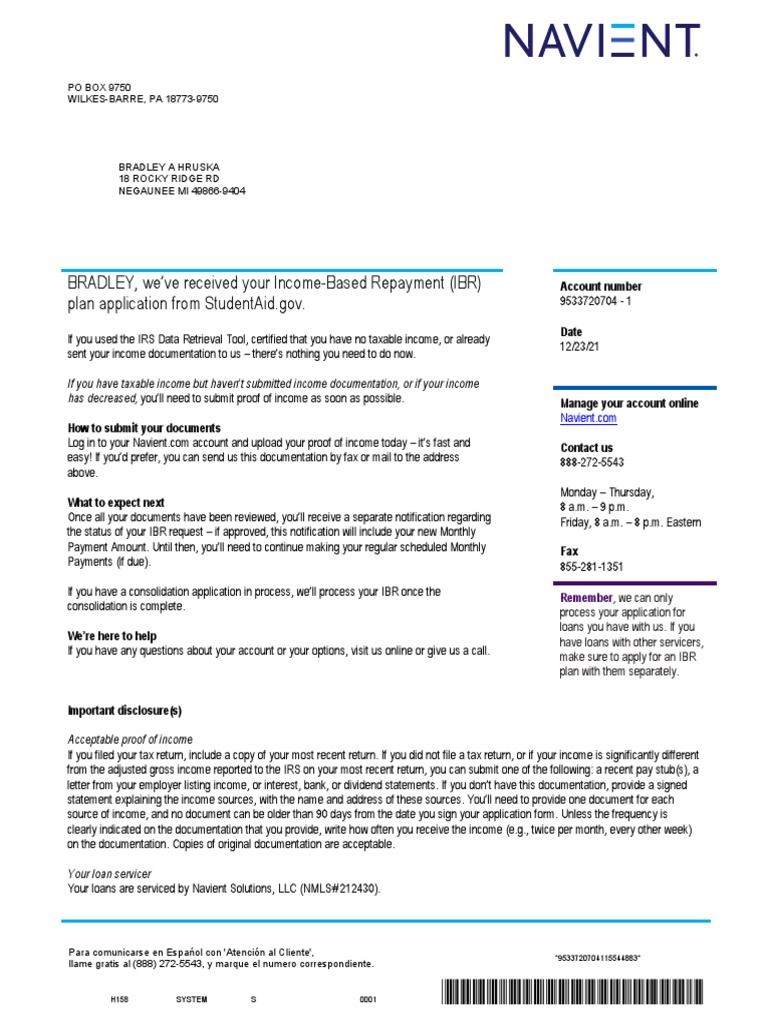 Bradley, We'Ve Received Your Income-Based Repayment (Ibr) Plan ...