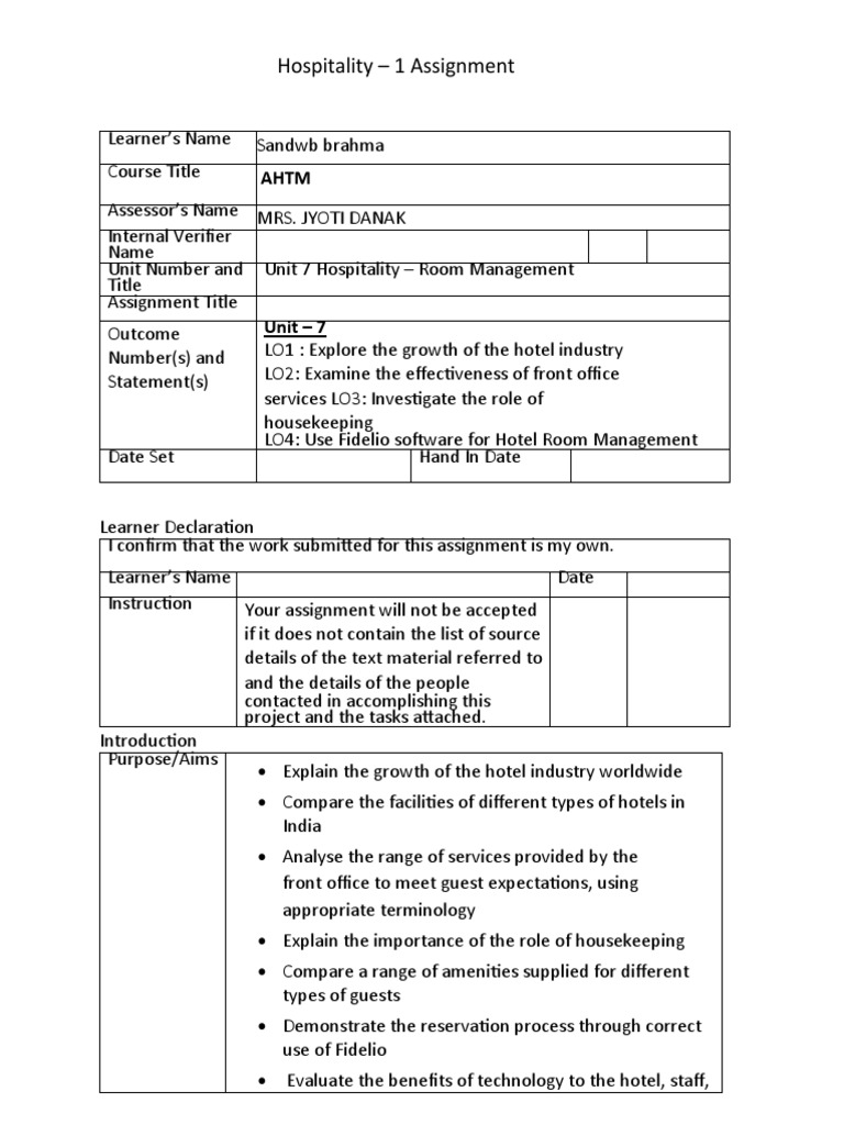 hospitality assignment 1 written