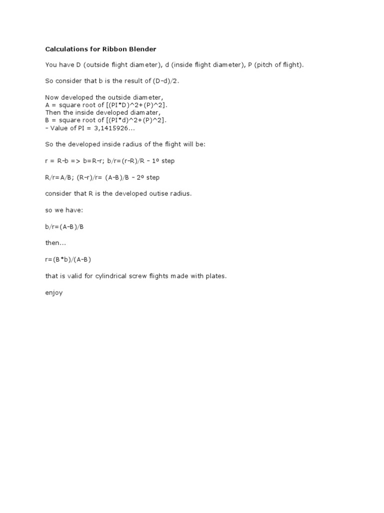 Calculation of Ribbon Blender PDF Pi Space