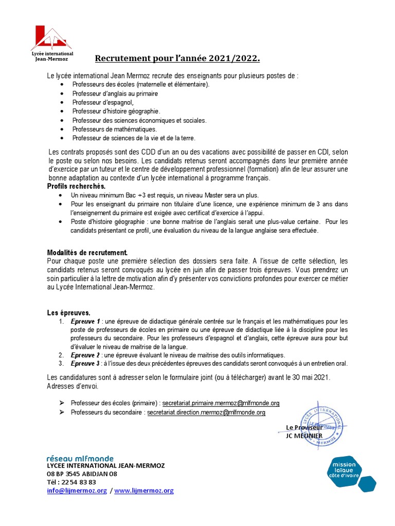 Recrutement Professeur D anglais Recrutement Pour L'année 2021/2022.: Profils Recherchés | PDF | Enseignants