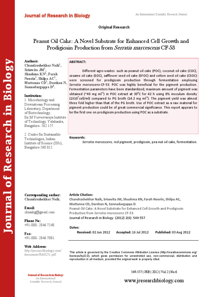 Peanut Oil Cake A Novel Substrate For Enhanced Cell Growth and Prodigiosin Production From CF