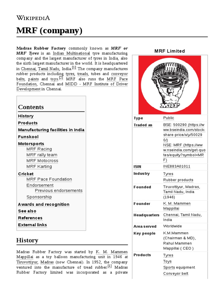 MRF (Company) : Madras Rubber Factory Commonly Known As MRF or | PDF