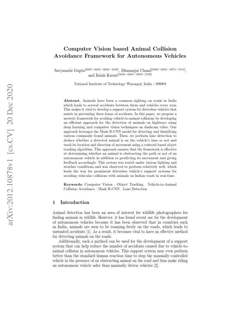 Animal Collision Avoidance for AVs | PDF | Computer Vision