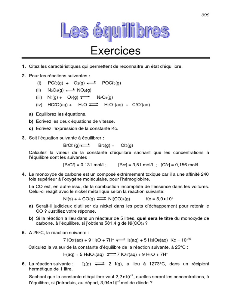 Équilibres chimiques : Exercices pratiques | PDF | Équilibre chimique ...