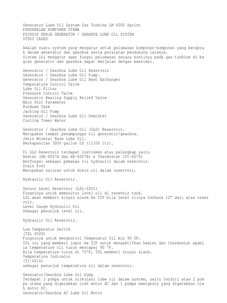 Generator Lube Oil System Gas Turbine LM 6000 Sprint PDF