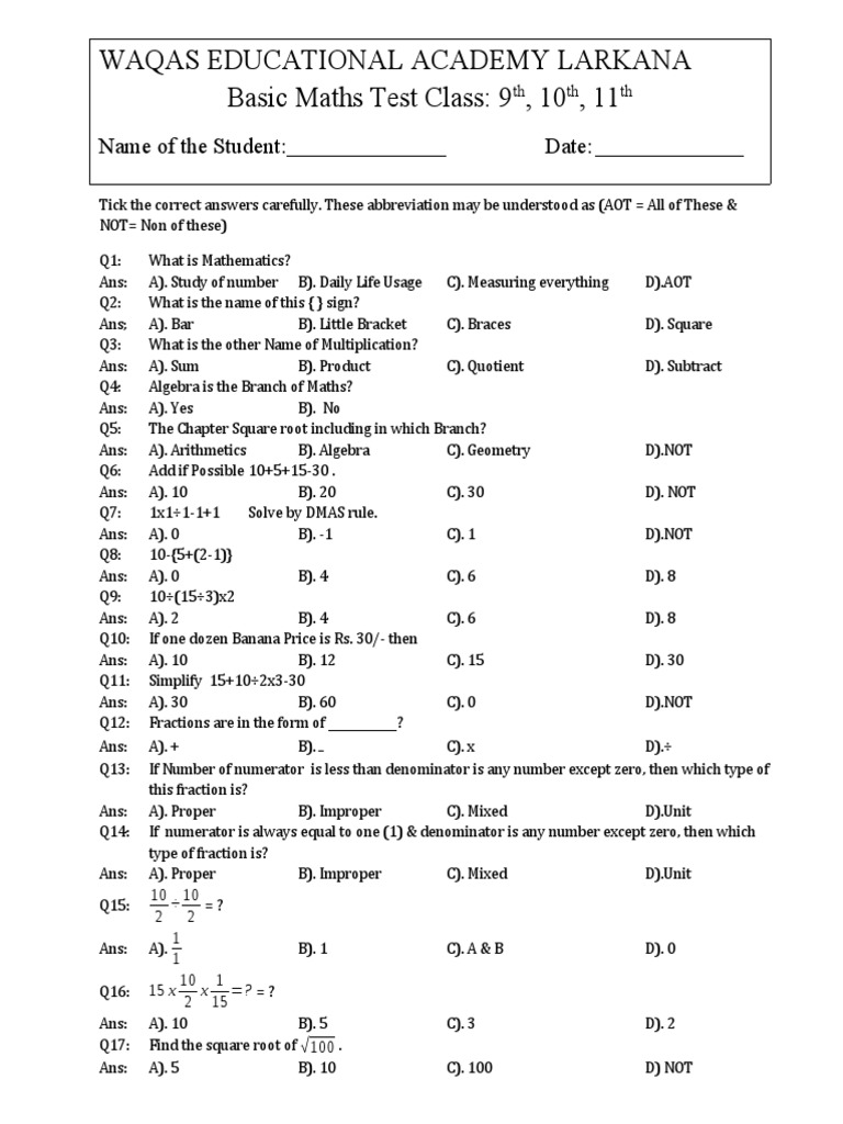 Waqas Educational Academy Larkana Basic Maths Test Class 9, 10, 11