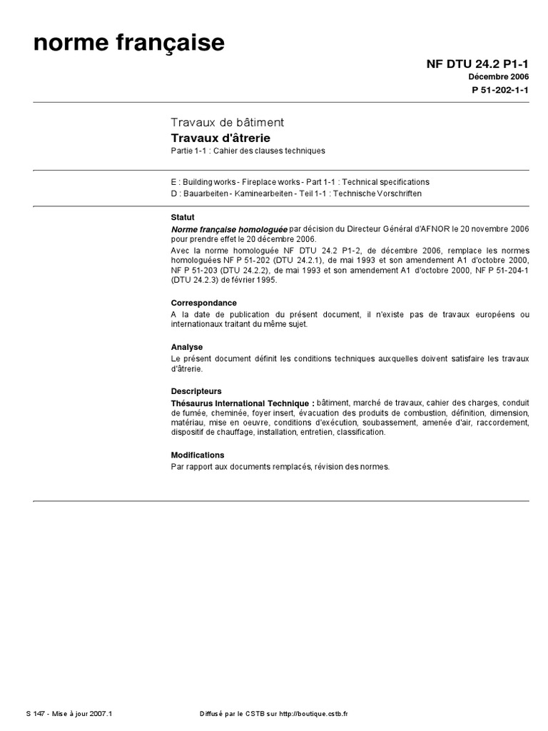 Norme NF DTU 24.2 : Travaux d'âtrerie | PDF | Cheminée | Code de la ...
