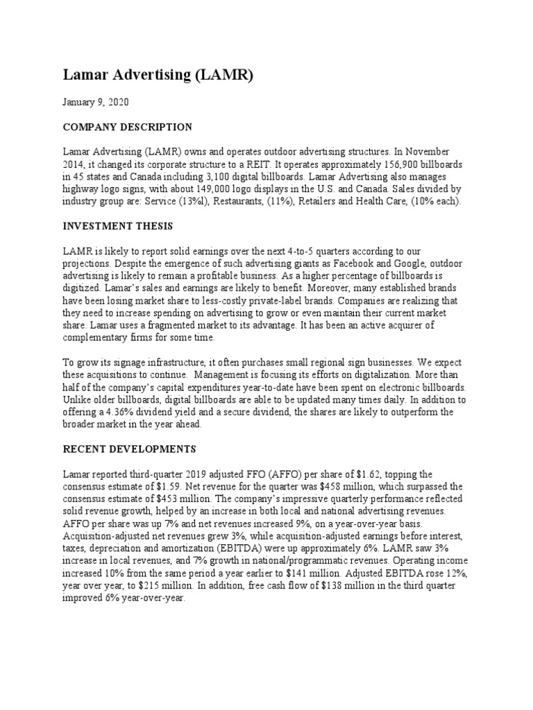 Lamar Advertising (LAMR) Company Description PDF Valuation (Finance) Economies