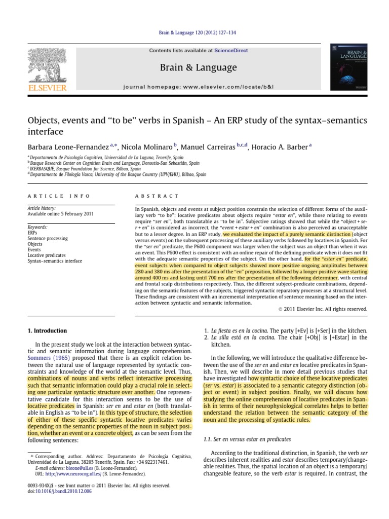 Objects, Events and To Be'' Verbs in Spanish An ERP Study of The