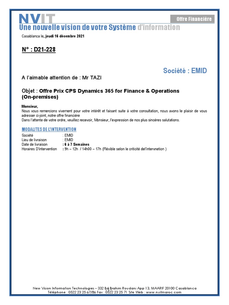 Offre Financière CPS Dynamics 365 EMID | PDF | Ingénierie informatique ...