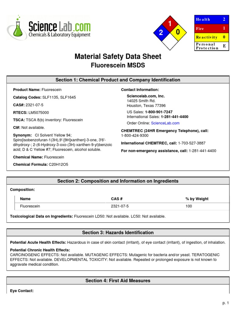 Fluorescein MSDS Section 1 Chemical Product and Company Identification PDF Toxicity Water