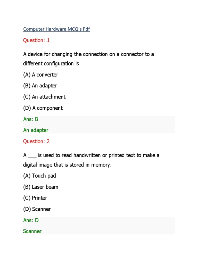 Computer Hardware MCQ's PDF: Ans: B An Adapter | PDF | Computers