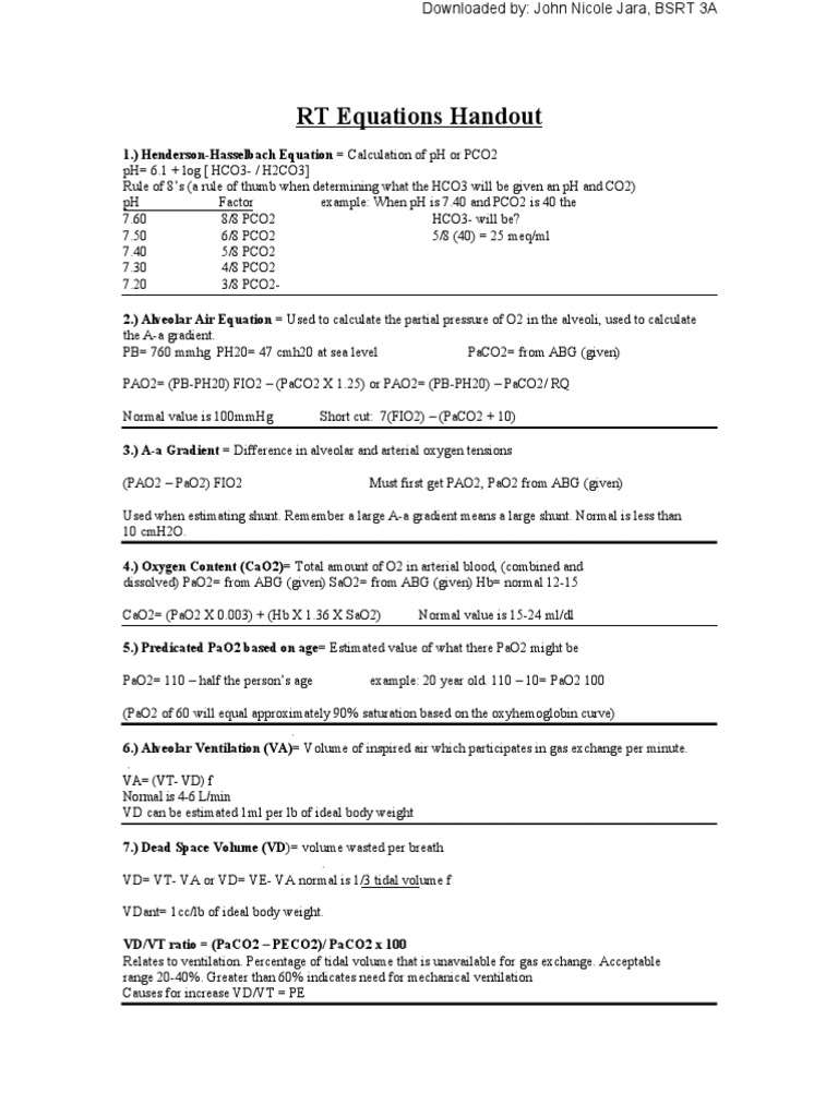 RT Equations Handout: VA (VT-VD) F Normal Is 4-6 L/min | PDF | Blood ...