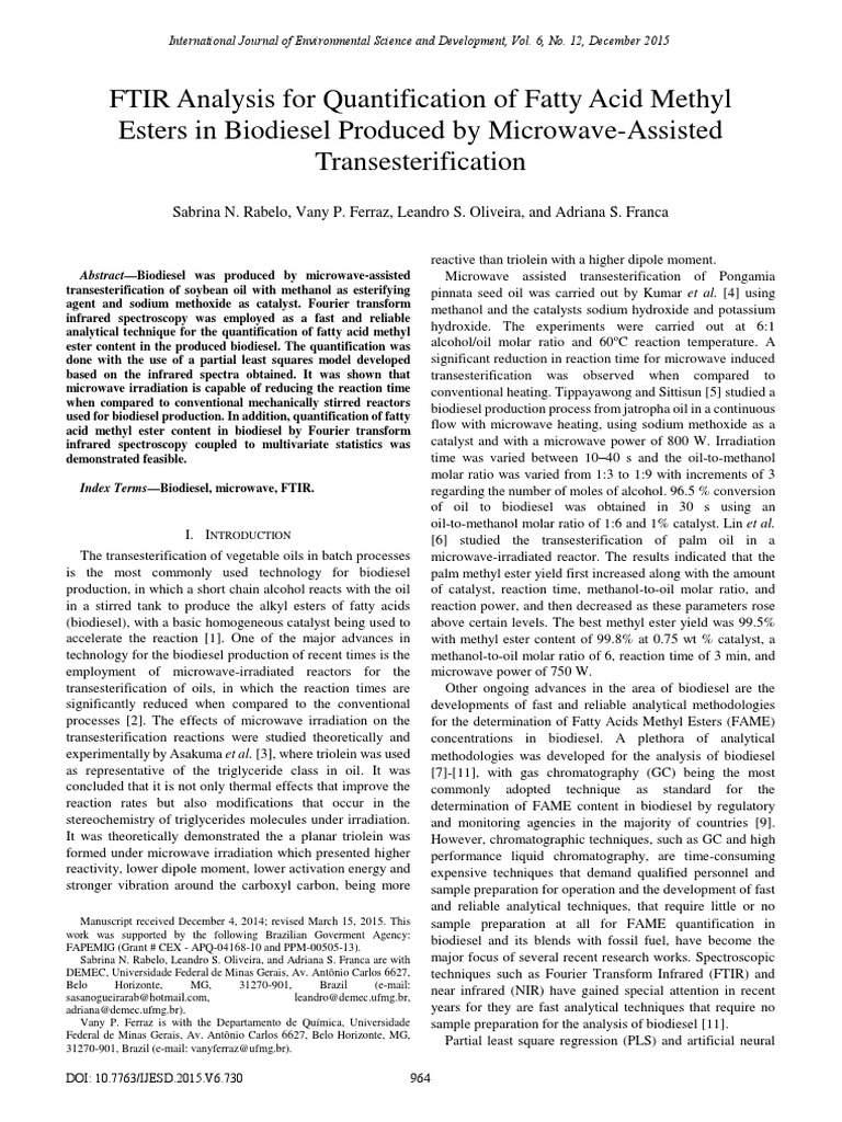 FTIR Analysis For Quantification of Fatty Acid Methyl Esters in