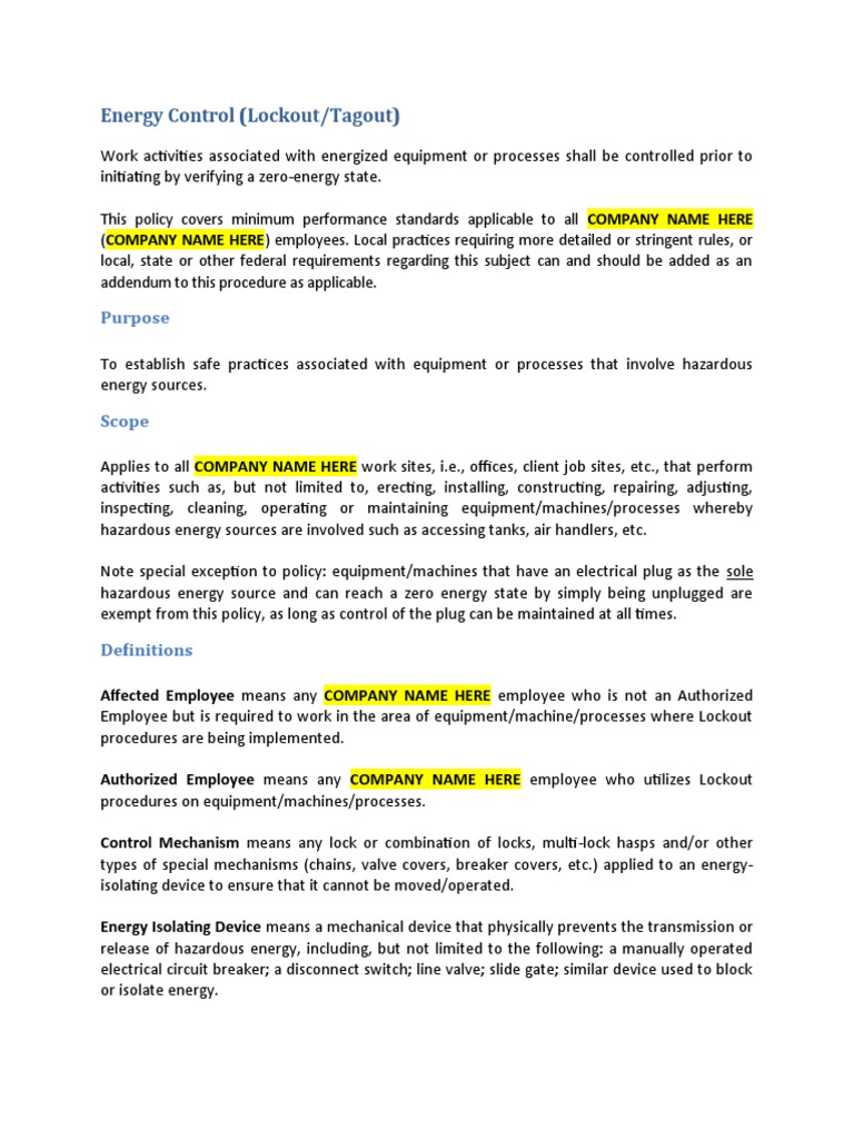 Energy Control (Lockout/Tagout) Purpose PDF