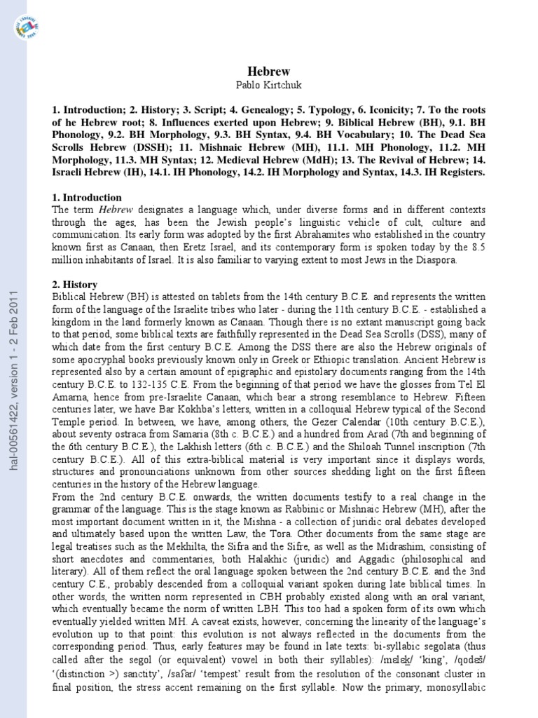 Hebrew Language Evolution | PDF | Hebrew Language | Subject (Grammar)