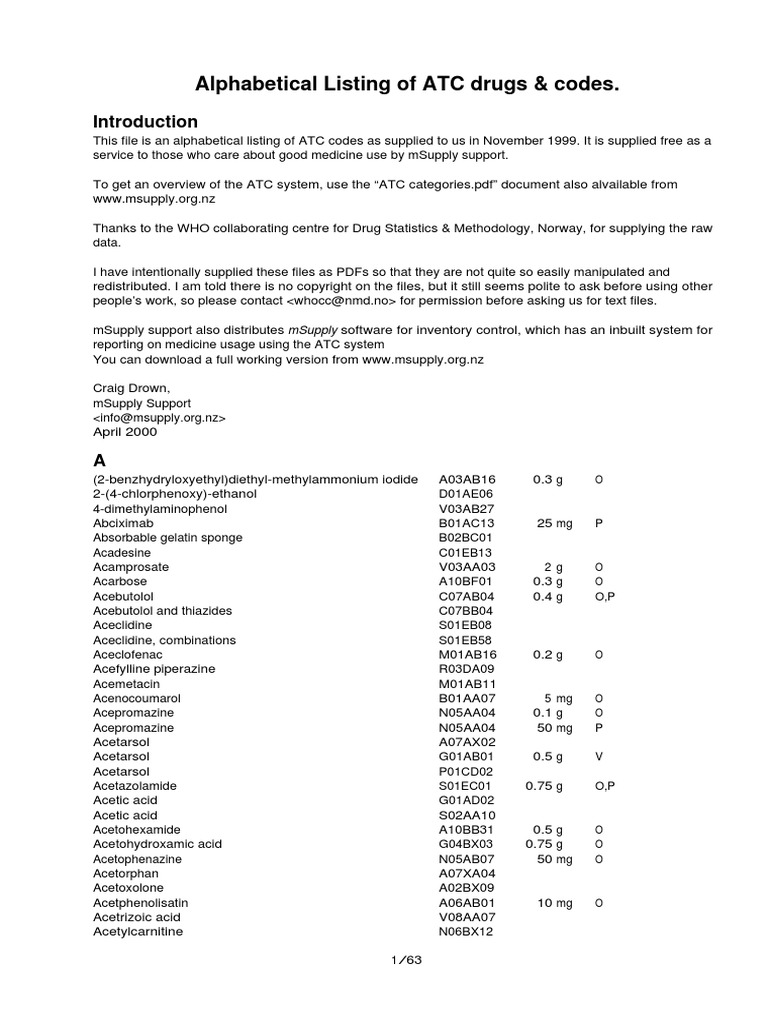 ATC Codes and Drug Listings | PDF | Calcium | Aluminium