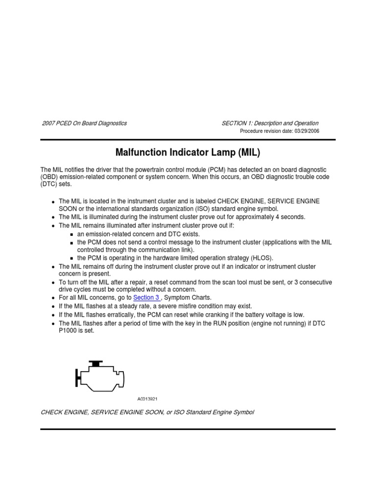 Operation and Diagnosis of the Malfunction Indicator Lamp on 2007 PCED