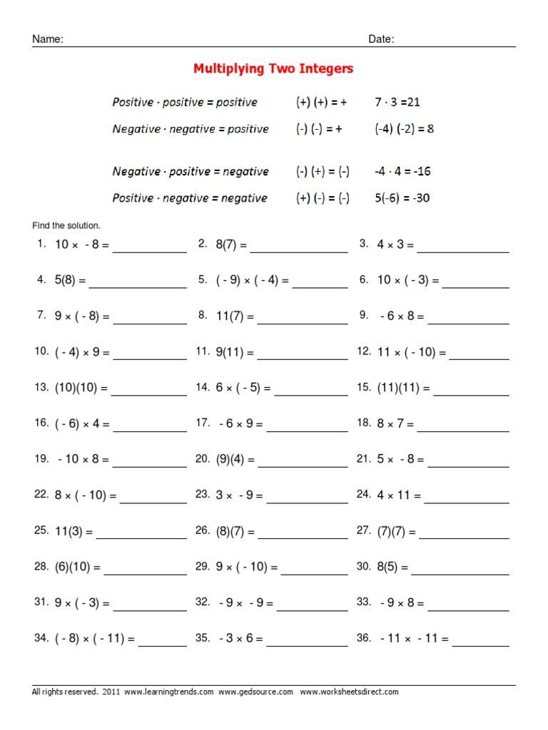 Integer Multiplication Practice Worksheet | PDF | Number Theory ...