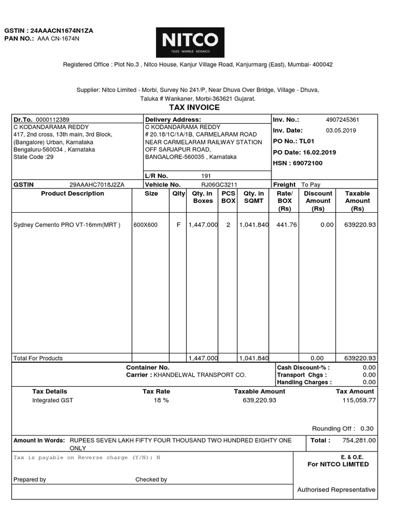 Nitco Limited Tax Invoice Details | PDF | Interest | Value Added Tax