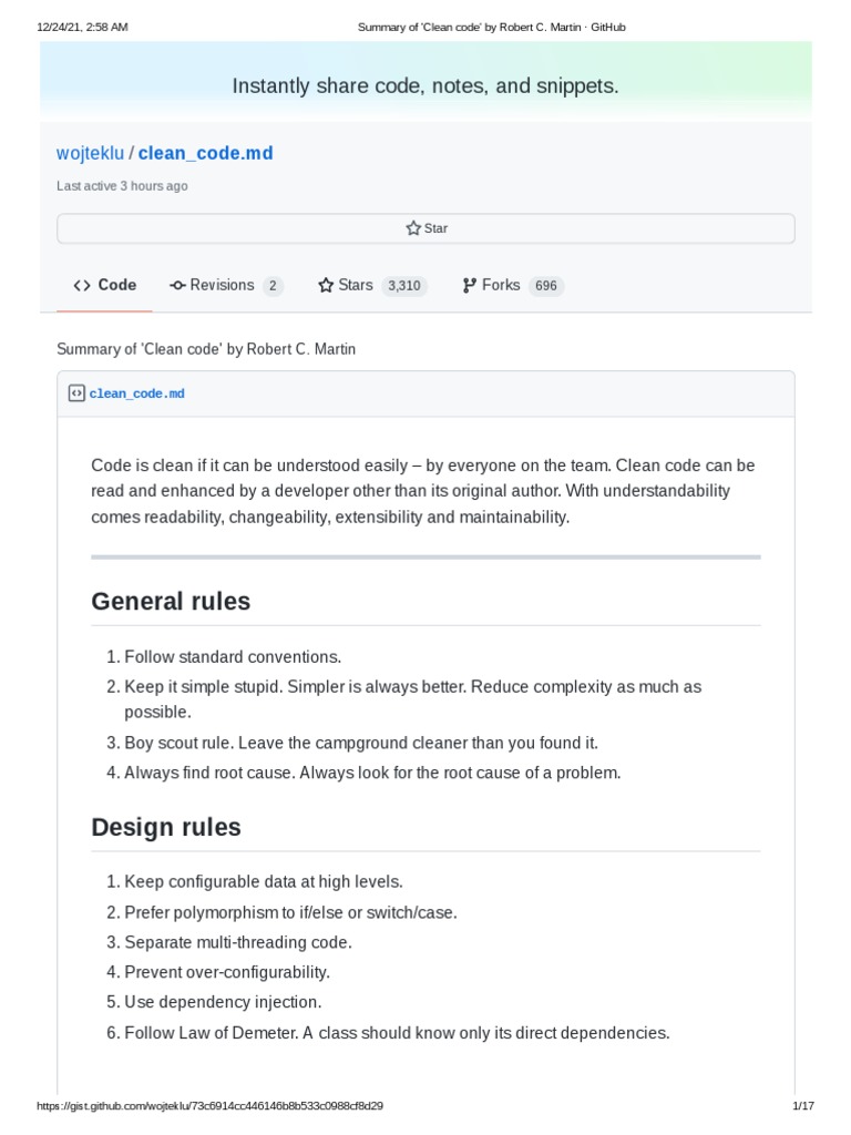 Summary of 'Clean Code' by Robert C. Martin GitHub | PDF | Computer ...