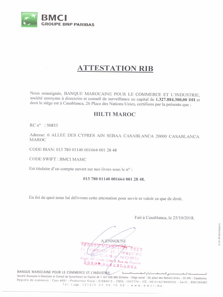 RIB BMCI Compte Courant HILTI - MA | PDF
