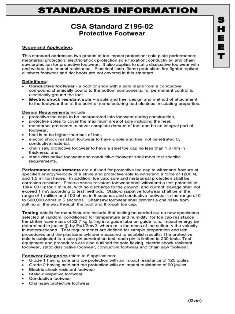 CSA Z195-02 Protective Footwear Standards | PDF | Electrical Resistance ...