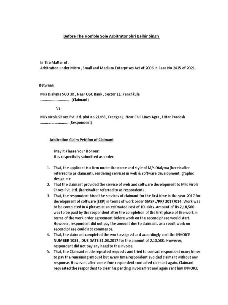 Before The Hon'ble Sole Arbitrator Shri Balbir Singh | PDF ...
