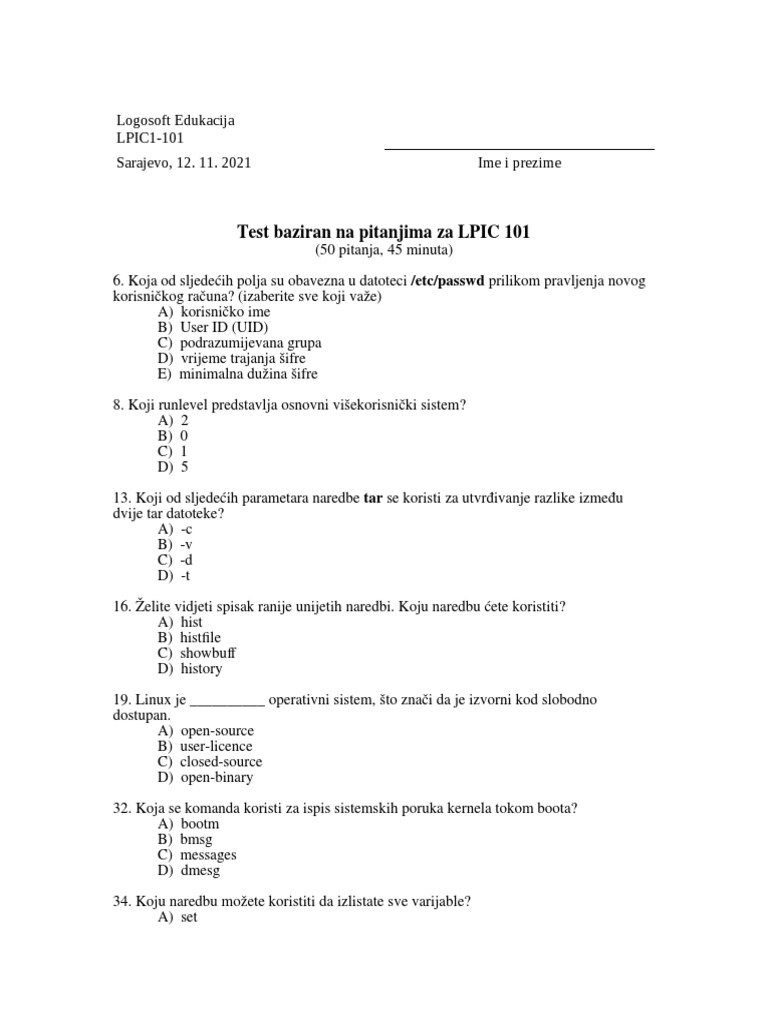 Test Baziran Na Pitanjima Za LPIC 101 | PDF | Data Management | Unix