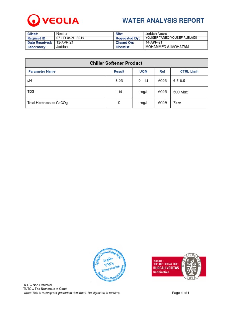 Water Analysis Report: Chiller Softener Product | PDF