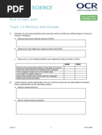 End of Topic Quiz Topic 1.2 Memory and Storage