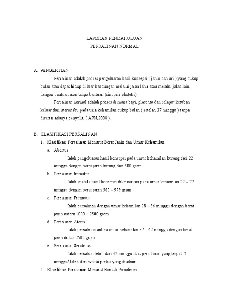 Laporan Pendahuluan Persalinan Normal 2020 Seputar Laporan
