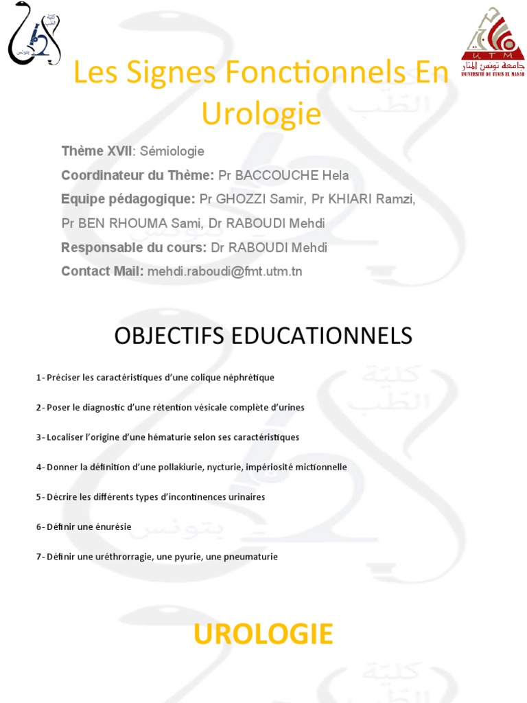 Signes Fonctionnels En Urologie PDF Incontinence Urinaire Urine
