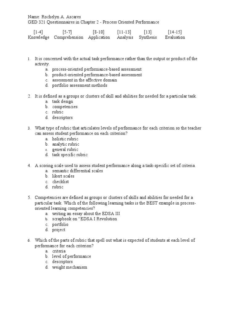 Process-Oriented Performance Assessment Guide | PDF | Rubric (Academic ...