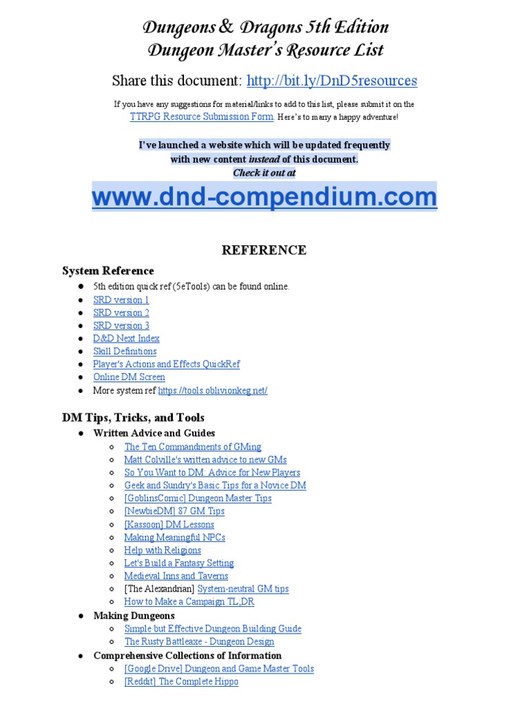 D&D 5E Dungeon Master Resource List | PDF | Dungeons & Dragons | Role ...