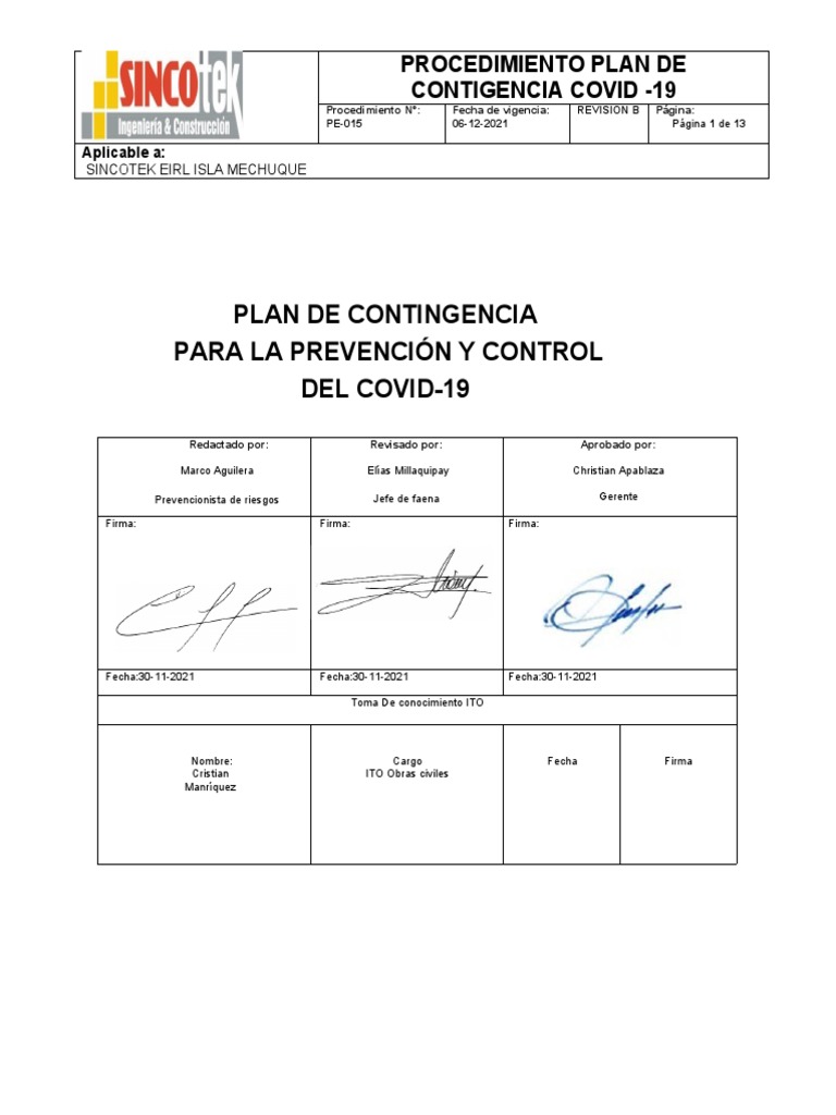Plan de Contingencia COVID-19 Sincotek | PDF | Ciencias de la Salud ...