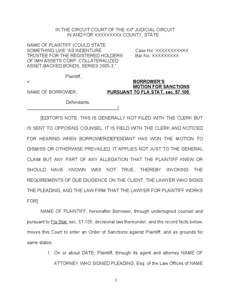 57.105 Florida Motion for Frivolous Sanctions Foreclosure Foreclosure